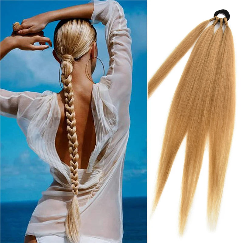 Ponytail Extensions Synthetic Boxing Braids Wrap Around Chignon Tail With Rubber Band Hair Ring 26 Inch Brown Ombre Braid DIY