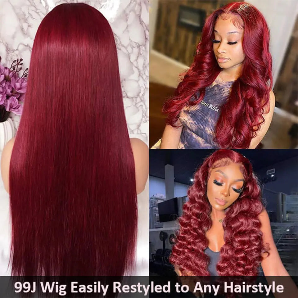 99J Burgundy Colored Wig 13x4 Transparent Lace Front Human Hair Wig Brazilian 180% Density Human Hair Highlight Wigs For Women