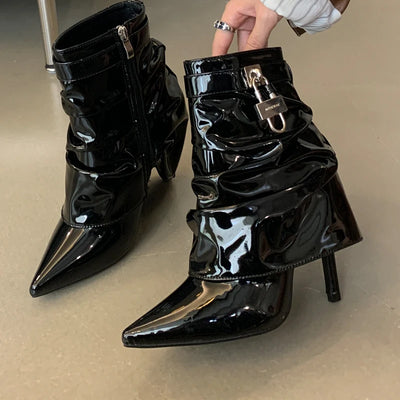 PU Leather Stiletto Womens Ankle Booties High Heel Pointed Toe Pumps Metal Buckle Side Zipper Sexy Fall Winter Shoes Black