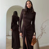 Mozision Turtleneck Thigh High Split Sexy Maxi Dress For Women Fashion Long Sleeve Draped Bandage Bodycon Club Long Dress