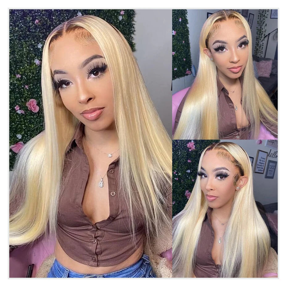 13x6 Lace Frontal Wig Brazilian Straight Human Hair Wig 2 Tone Dark Root 1B 613 Ombre Blonde Lace Front Wigs For Black Women 40"