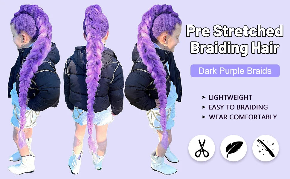 Purple Braiding Hair Pre Stretched Long Synthetic Braiding hair Extensions for Stage Party Halloween Costume Cosplay