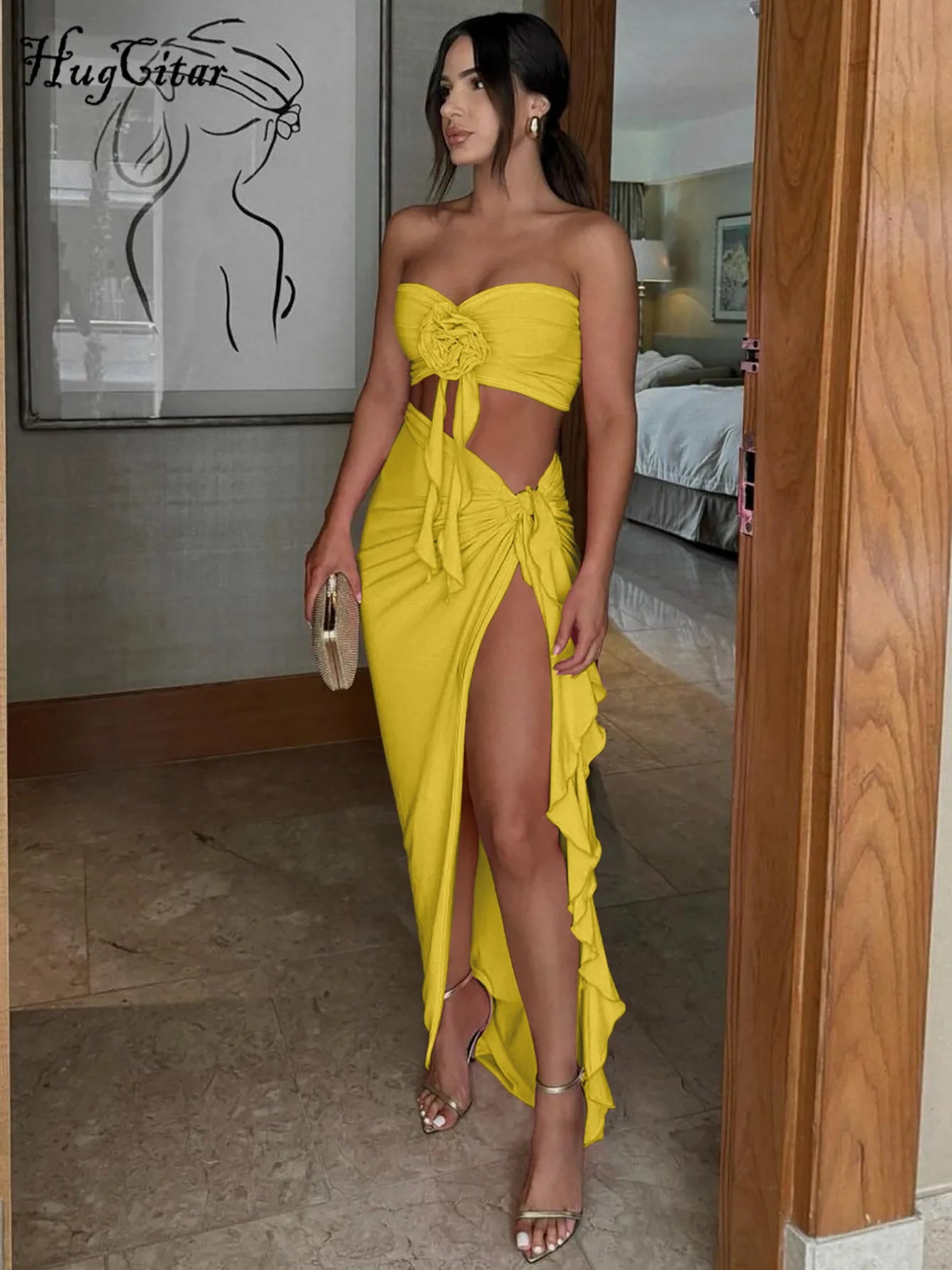 Hugcitar Fashion 2 Pcs Sets Strapless Tie Flower Draped Sexy Crop Tank Top Slit Tassel Maxi Skirt Women Outfit Festival Party