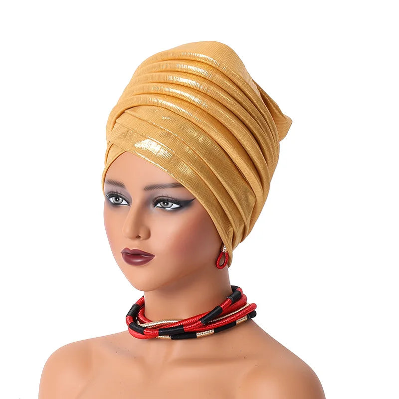 African Women's Auto Gele Headtie Nigeria Lady Pleated Head Wraps Muslim Headscarf Bonnet Turbante Mujer