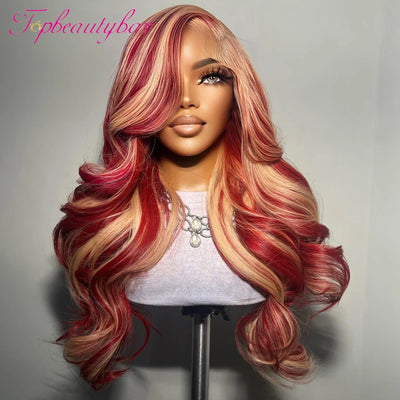 Red and Blonde Color Peruvian 13X4 Lace Front Human Hair Wigs For Women Pre-Plucked 180% Remy Wavy Red Highlight Color Wigs