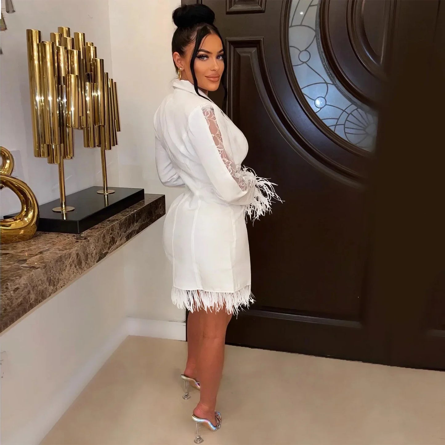FANAN Elegant Women Double Breasted Tassel Hem and Long Sleeve Notched Collar Lace Waist Patchwork Blazer Dress Vestidos 2022