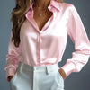 Women's Satin Shirts Elegant Plain Long Sleeve Blouse Office Lady Button-Up Shirt Top Female Crew Neck Shirts Blouse 2025 Autumn