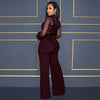 Fashion Women's Clothing Hollow Long-sleeved Loose Wide Leg Jumpsuits Overall Pants Solid Color Sexy Lace