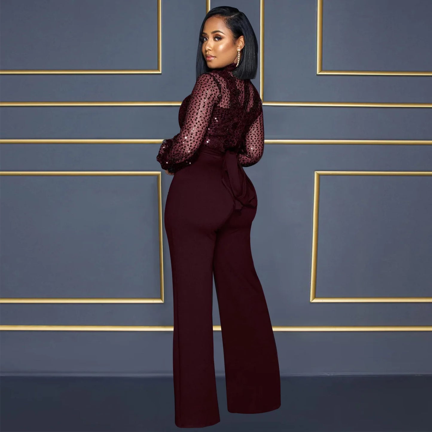 Fashion Women's Clothing Hollow Long-sleeved Loose Wide Leg Jumpsuits Overall Pants Solid Color Sexy Lace