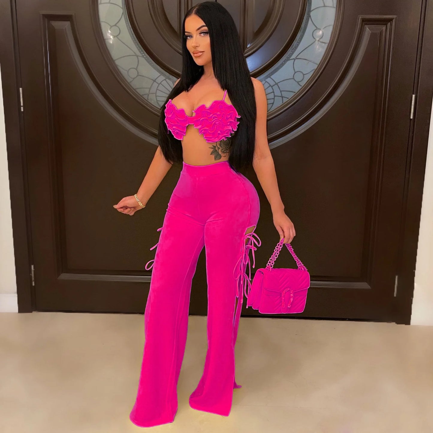 2022 Summer Women 2 Piece Set Floral Bra Tops and High Side Split Lace Up Wide Leg Pants Set Sweatsuit Tracksuit Outfits
