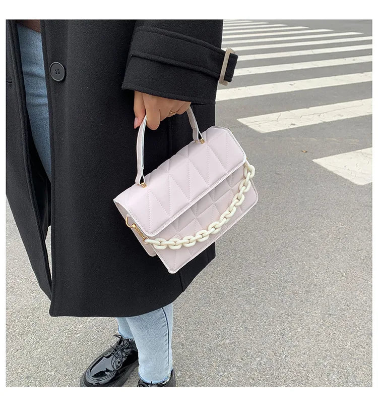 Solid Plaid Crossbody Bags For Women, Chain Decor Fashion Shoulder Bag Ladies Handbag For Daily Used