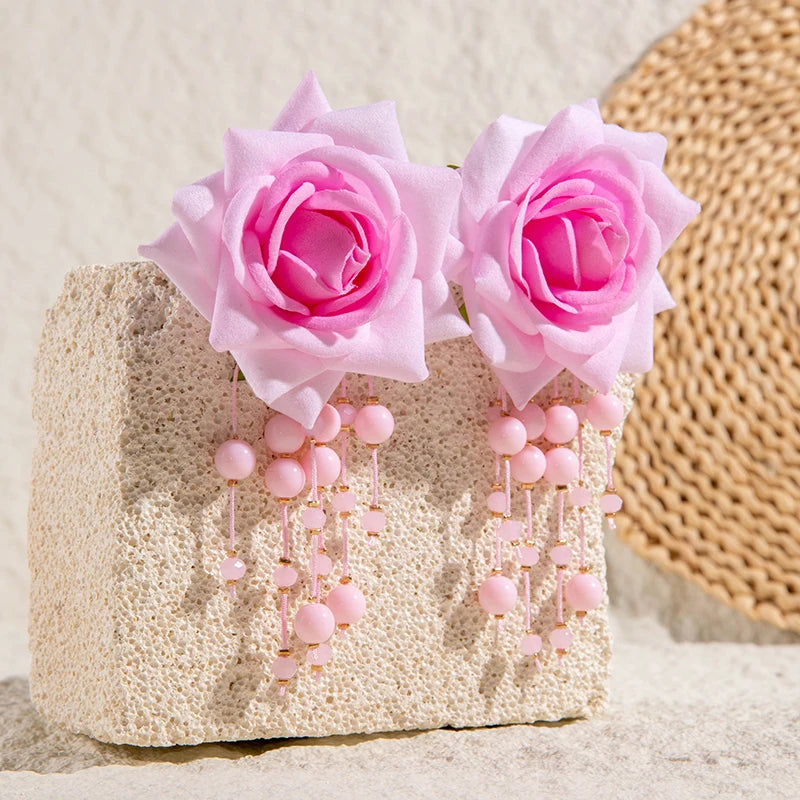 Tocona Bohemia for Women Long Tassel Earrings Multicolor Rose Flower Pendant  Earrings Exquisite Party Jewelry Accessories