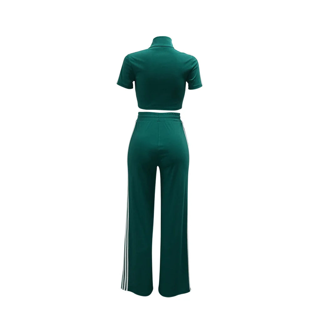 Fashion Casual Short Hoodie 2 Piece Women Summer Zipper Top Short Sleeved Sports T Shirt Stripe Splicing Long Pants Female Suit