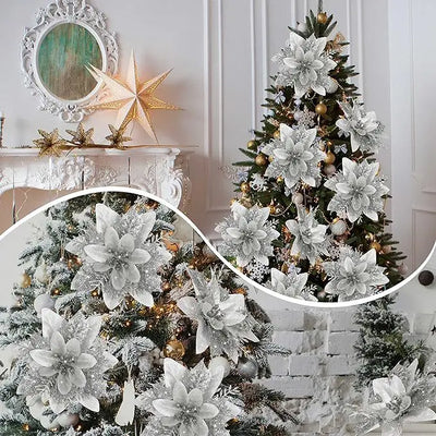 Silver Glitter Christmas Flowers Silver Xmas Tree Artifical Flower Ornaments Merry Christmas Decoration For Home Party New Year