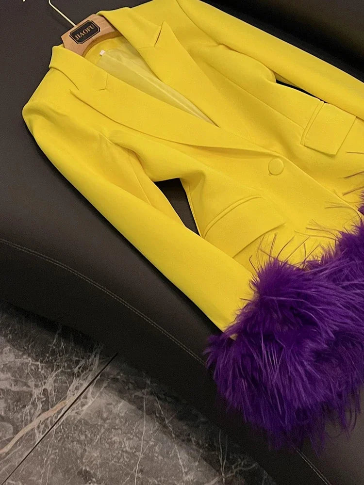 TWOTWINSTYLE New Hit Color Chic Blazers For Women Notched Collar Long Sleeve Patchwork Feathers Fashion Blazer Female KJA524948