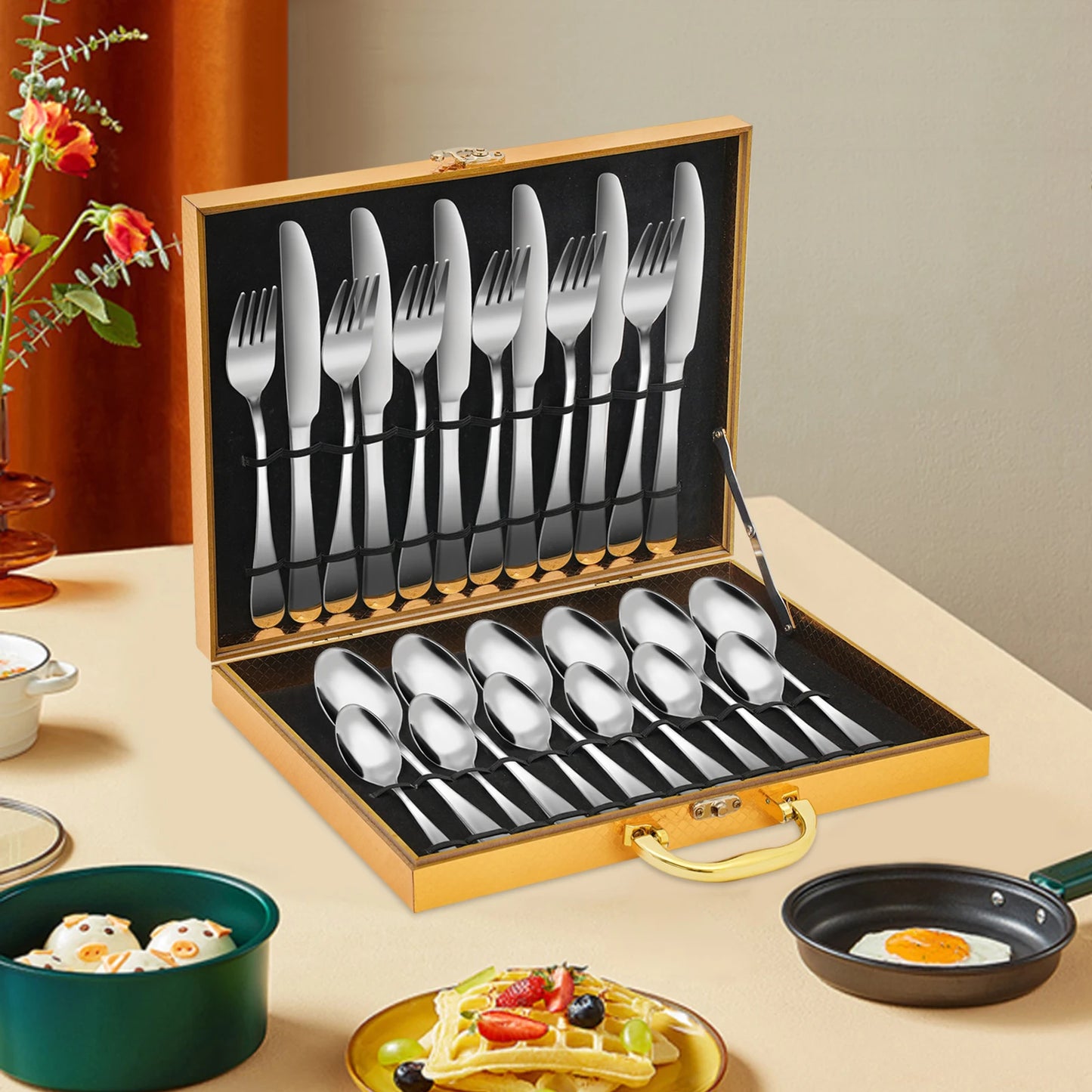 24Pcs/90Pcs Flatware Set Stainless Steel Silverware Utensil Kitchen Tableware Forks Knives Spoons Cutlery for Home Restaurant