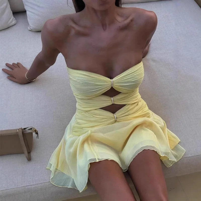 Female Solid Pleat Party Dress Women High Street Cocktail Mini Dress Sexy 2025 Strapless Night Club Hollow Backless Mini Dress