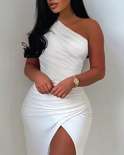 Summer Fashion Elegant Oblique Neck Evening Dress Women Sexy One Shoulder High Split Dress White Sexy Asymmetric Party Robes