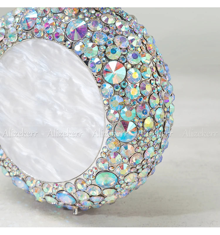 Alizekerr Perfume Bottle Shaped Crystal Evening Bags Women Gorgeous Classy Rhinestone Round Metal Clutch Purses Wedding Party