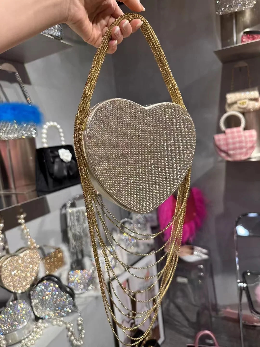 Bling Tassel Heart-shape Satin Bag Glitter Rhinestone Diamond Evening Bag Women Handbag Wedding Party Clutch Purse Crossbody Bag