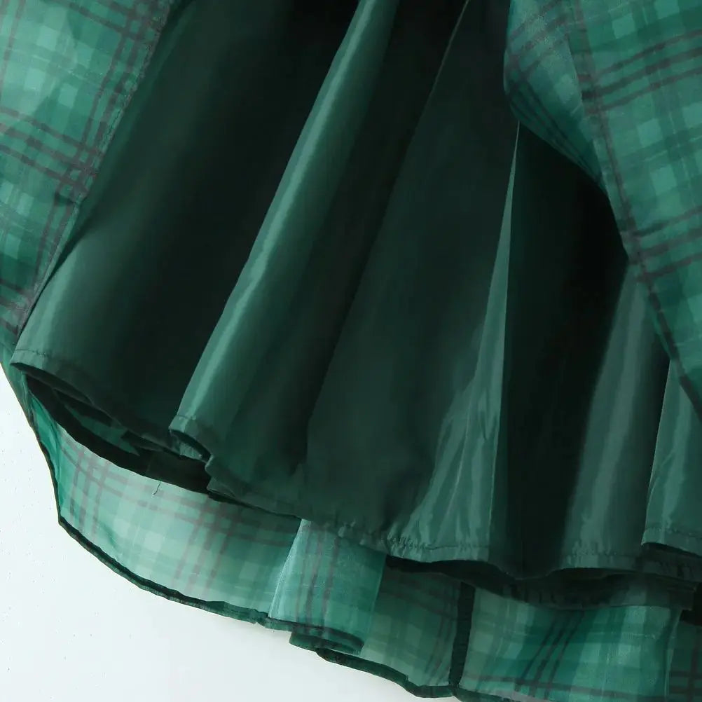 2024 Sweet Green Gingham Plaid Organza Ball Gown Dress Puff Sleeve Retro Women Swing Short Princess Robe Fairy Cake Vestidos