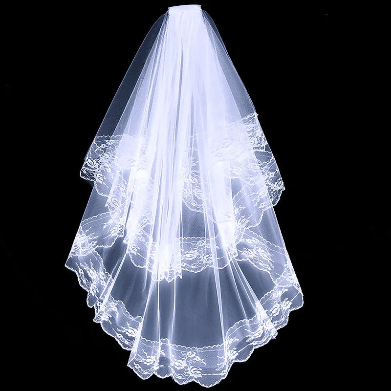 2 Tier Black White Flower Lace Edge Bridal Veils with Comb Elegant Vintage Wedding Cosplay Performance Hair Accessories
