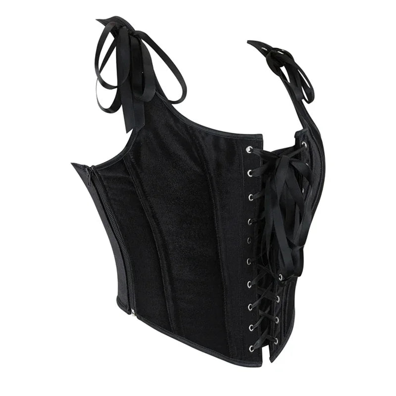 Black Velvet Sexy Overbust Corset Crop Tops Women Front Lace Up Side Zipper Shoulder Strap Bustier Vest Slimming Shaper Camis