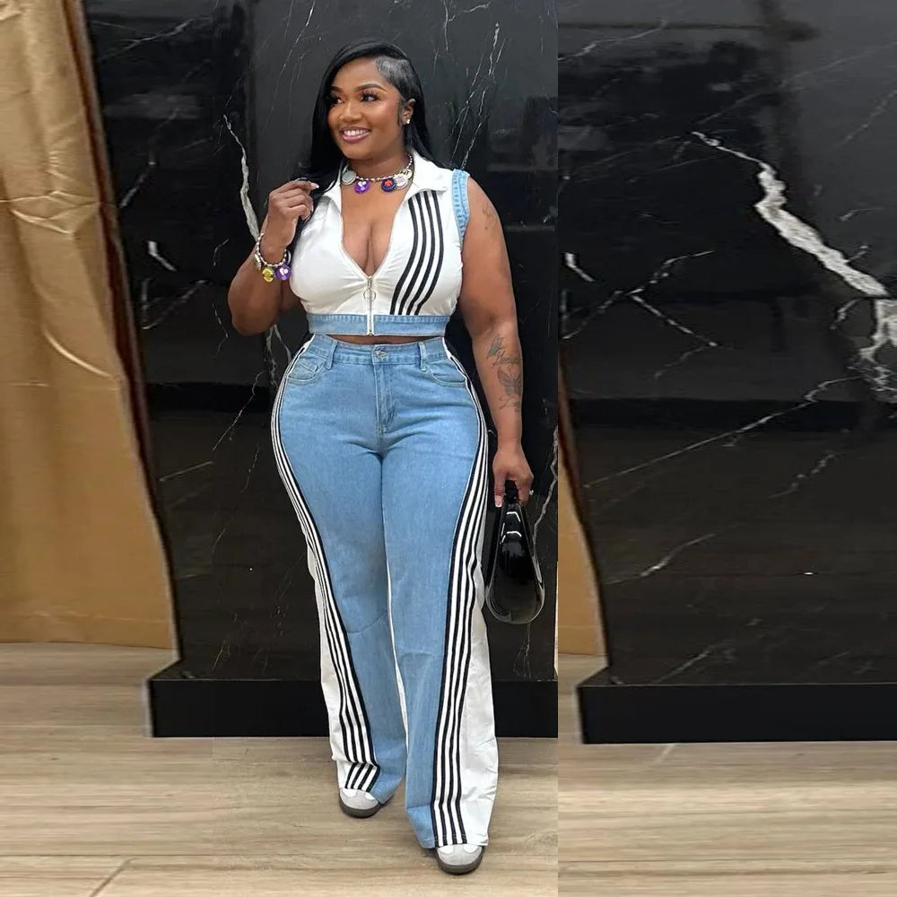 2 Pieces Women's Sets 2025 Spring Summer Denim Sleeveless Suit Tops And Wide Leg Pants Suits Two Piece Set Tracksuit Outfit
