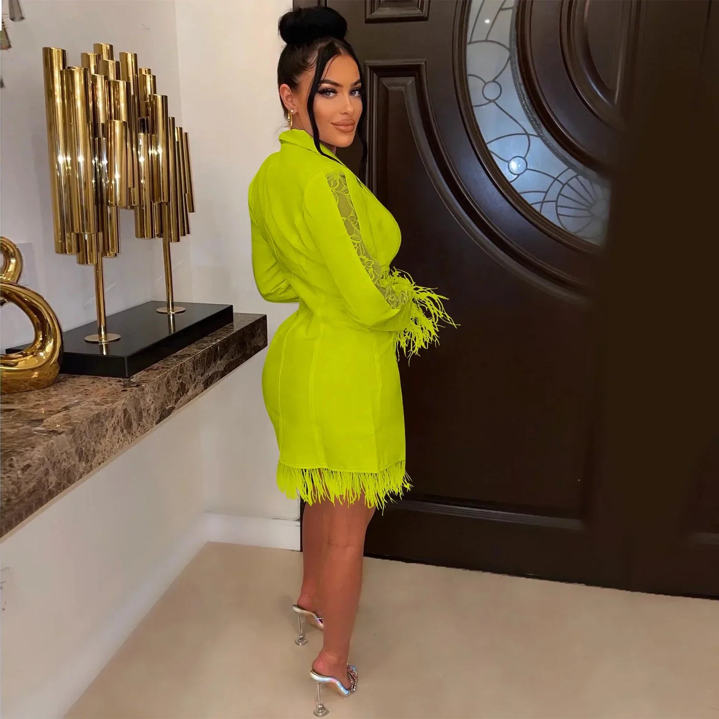 FANAN Elegant Women Double Breasted Tassel Hem and Long Sleeve Notched Collar Lace Waist Patchwork Blazer Dress Vestidos 2022