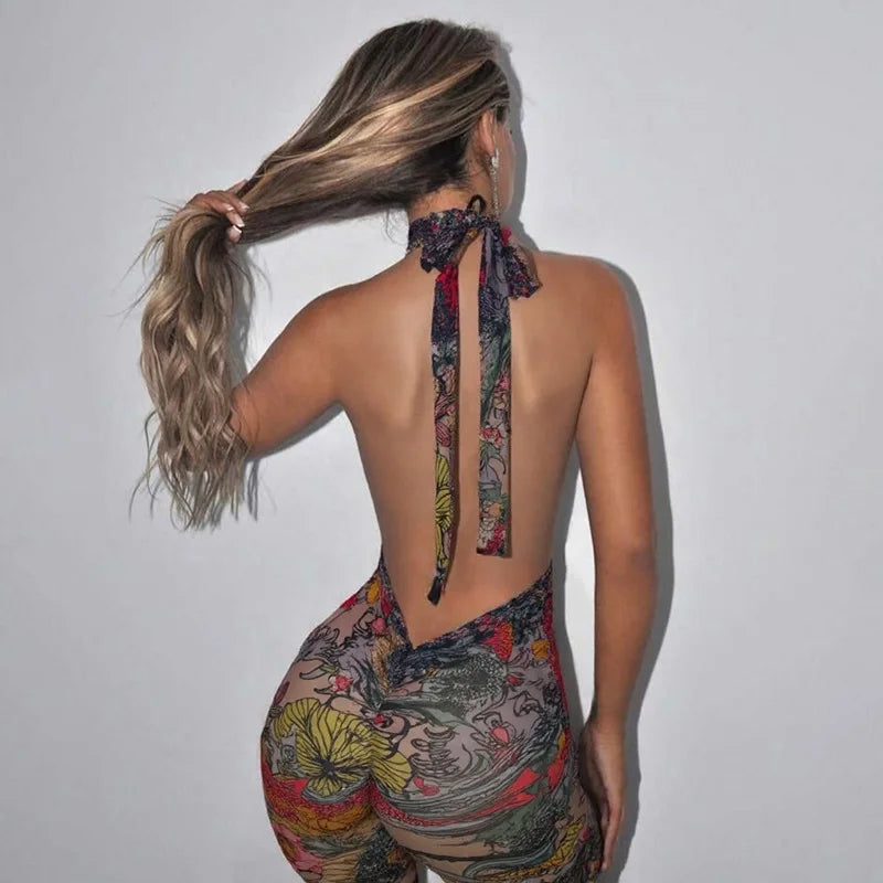 Floral Print Summer Skinny Capris Pants Jumpsuits Women Sexy Sleeveless Lace Up Halter Backless Ruched Peach Hips Slim Rompers