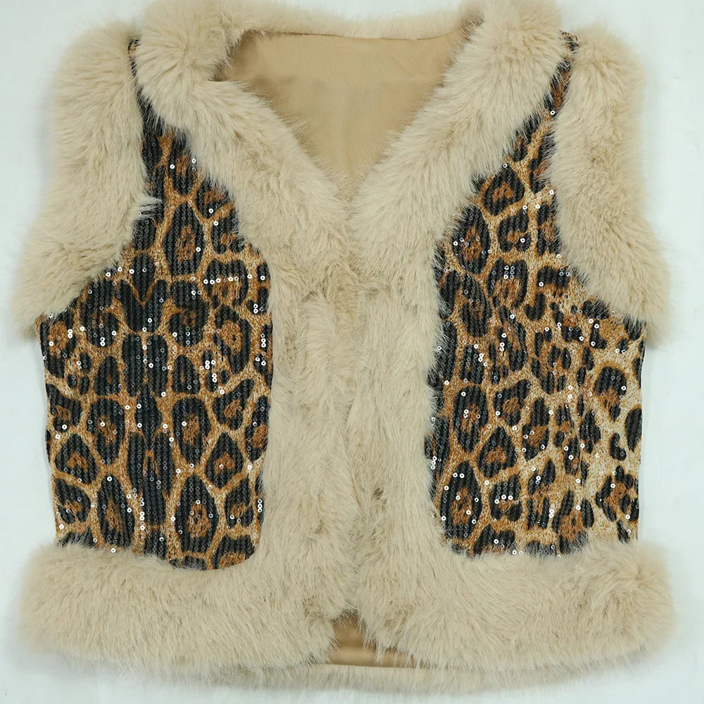 CM.YAYA Women's Set Sleeveless Fur Leopard Sequined V-neck Wool Vest and Pant Suits 2024 Street Two 2 Piece Set Outfit Tracksuit