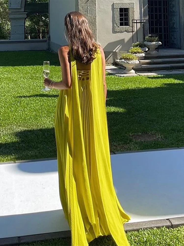 Strapless Ribbon Maxi Dress Women Elegant Sleeveless Backless Pleated Party Dresses Female 2025 Summer Sexy Lady Evening Vestido