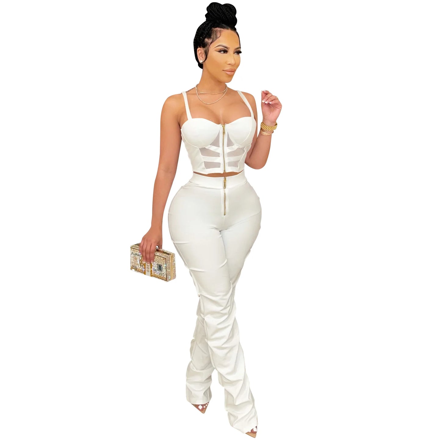 Sexy Solid Color Women's 2-Piece Slim Fit Open Back Zipper Tank Top+High Waist Trouser Set Amazing Bust Wrapping Street Clothing