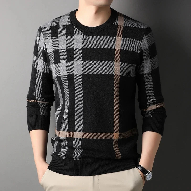 High Quality Luxury Men's Knitted Pullover Autumn Winter O-Neck Striped Wool Sweater British Casual Fashion Versatile Knitwear