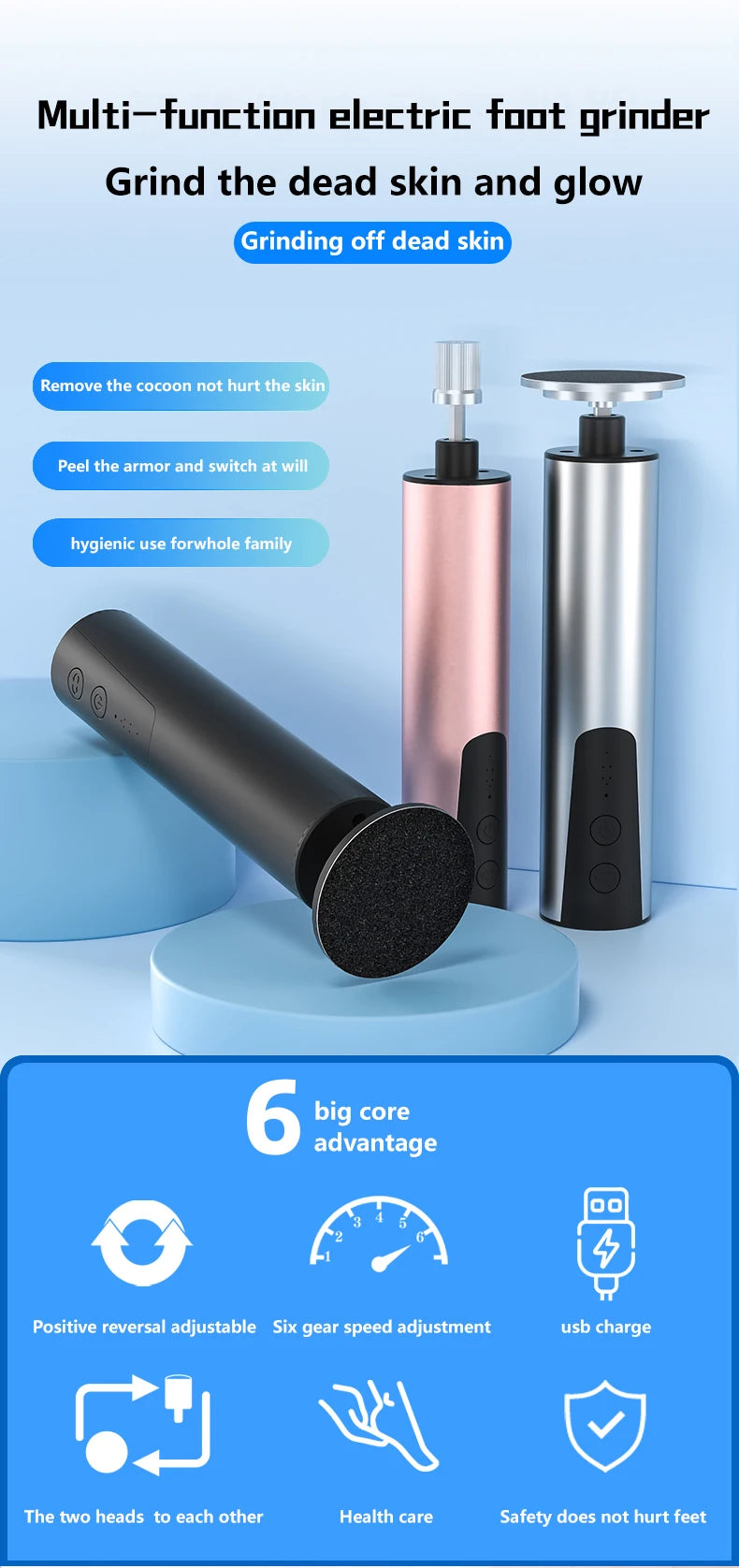 Foot Care File Electric Foot Callus Remover Leg Heels Remove Dead Skin Pedicure Tool Set and Replacement Sandpaper