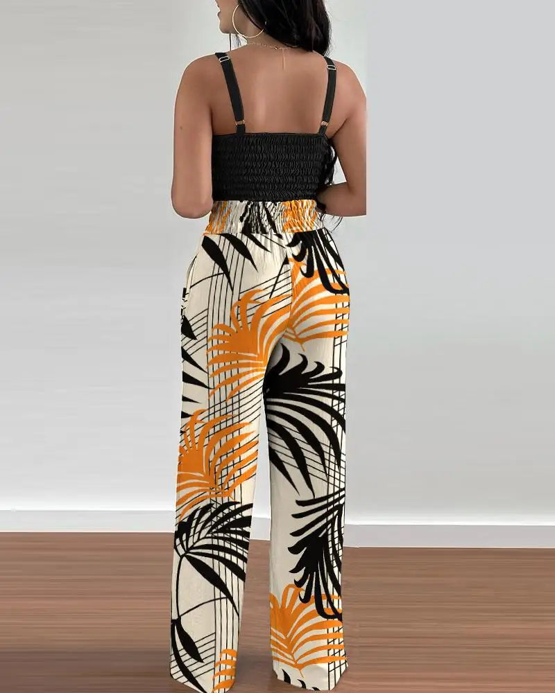 Women Fashion Print Halter V-Neck Short Tank Suit Tops Long Pants Matching Set Summer Casual Female Slim Pants Two Piece Sets