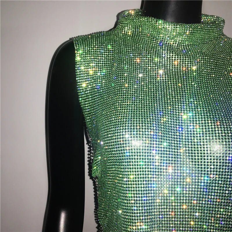 Sexy Rhinestone Backless Party Crop Top Women Glitter Turtleneck TShirt Adjustable Metal Chain Summer Nightculb Diamond Tank Top