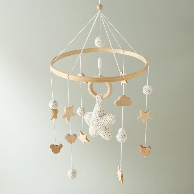 Baby Crib Mobile Bed Bell Rattle Toys Wooden Crochet Stars Pendant Bed Bell Toys Newborn Comfort Crib Bracket Hanging Toys Gifts