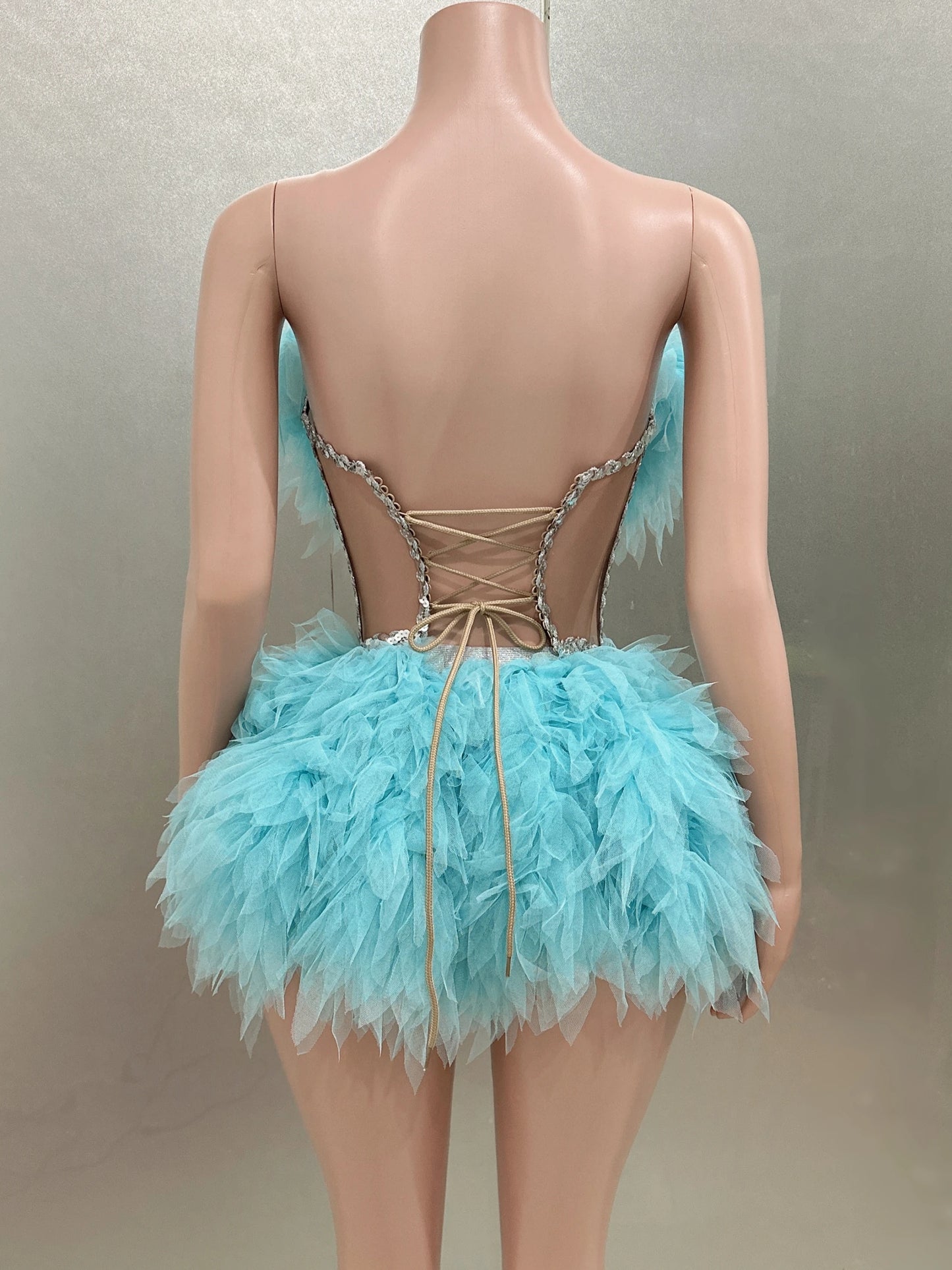 Hot Sale Women Sexy Mesh Ruffles Ball Gown Mini 2 Pieces Dress Lace-up Crystal Birthday Party Celebrate Nightclub Wear