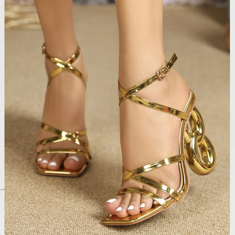 Eilyken Fashion Golden Narrow Band Square Toe Women's Sandals Designer Fretwork High Heels Ankle Buckle Strap Ladies Shoes