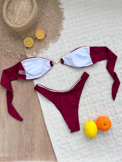 2025 New Sexy Burgundy Bikini Set with Gold Detail- Bandeau Top with High-Cut Bottoms, Perfect for Summer Beach and Pool Parties