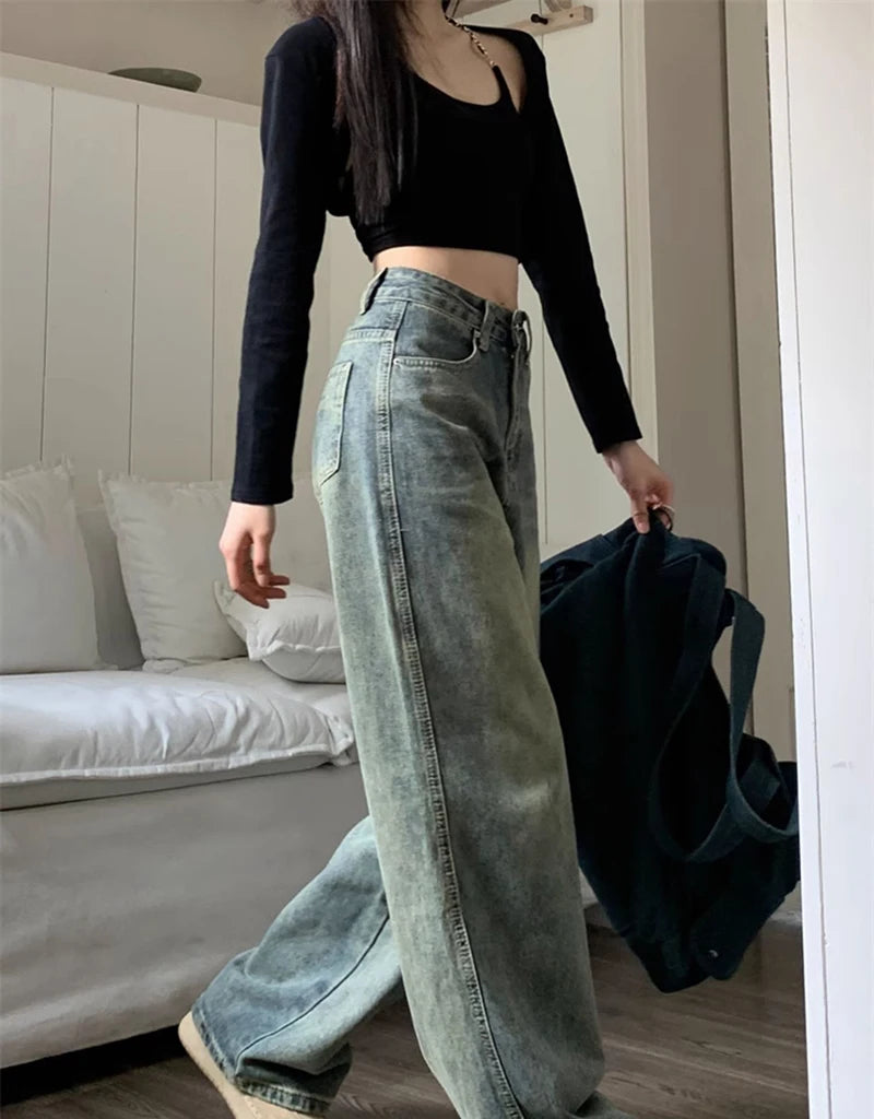 Retro Washed Vintage Jeans For Women In Autumn And Winter High Waisted Straight Leg Loose Wide Leg Pants Casual Pants