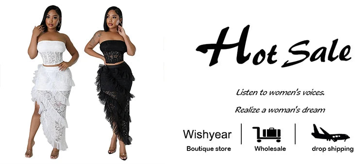 Sexy Two 2 Piece Sets Night Club Outfits for Women White Lace See Through Sleeveless Strapless Top and Ruffles Long Skirts Suit