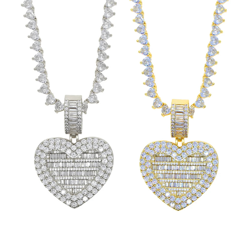 Iced Out Bling Can Be Opened Heart-shaped Photo Pendant Necklace Hearts Tennis Chain Cubic Zirconia Fashion Women Men Jewelry