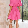 Women Summer Casual A-line Dress Solid Color Deep V-Neck Short Puff Sleeve Mini Dress Fashion Party Short Dress