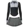 HLJ&GG Fashion Stripe Patchwork Two Piece Sets For Women Preppy Style Polo-neck Button Slim Shirts + Pleated Mini Skirts Outfits