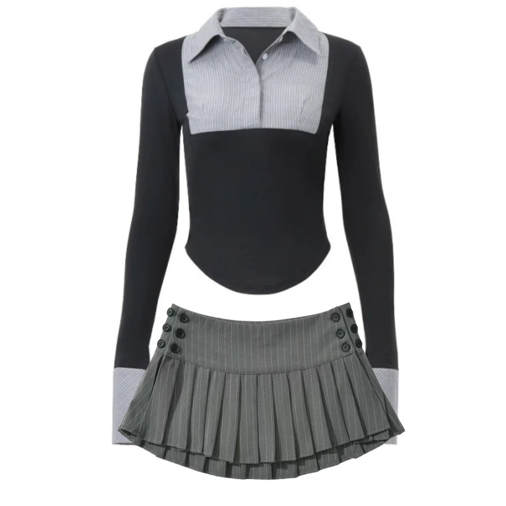 HLJ&GG Fashion Stripe Patchwork Two Piece Sets For Women Preppy Style Polo-neck Button Slim Shirts + Pleated Mini Skirts Outfits