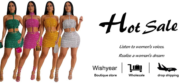 New Silvery Sexy Mini Skirt and Choker Crop Top Strapless Halter Two 2 Piece Set Women Rhinestones Night Club Birthday Outfits