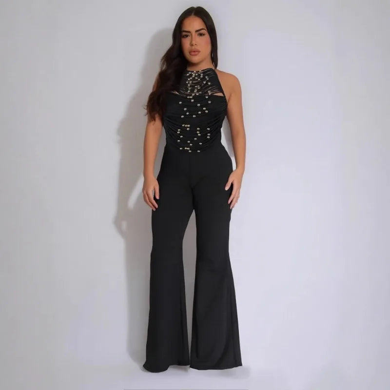 Sexy Halter Backless Jumpsuits Woman Elegant High Waist Flare Pants Sleeveless Beading Ruched Party Romper Birthday Club Outfits