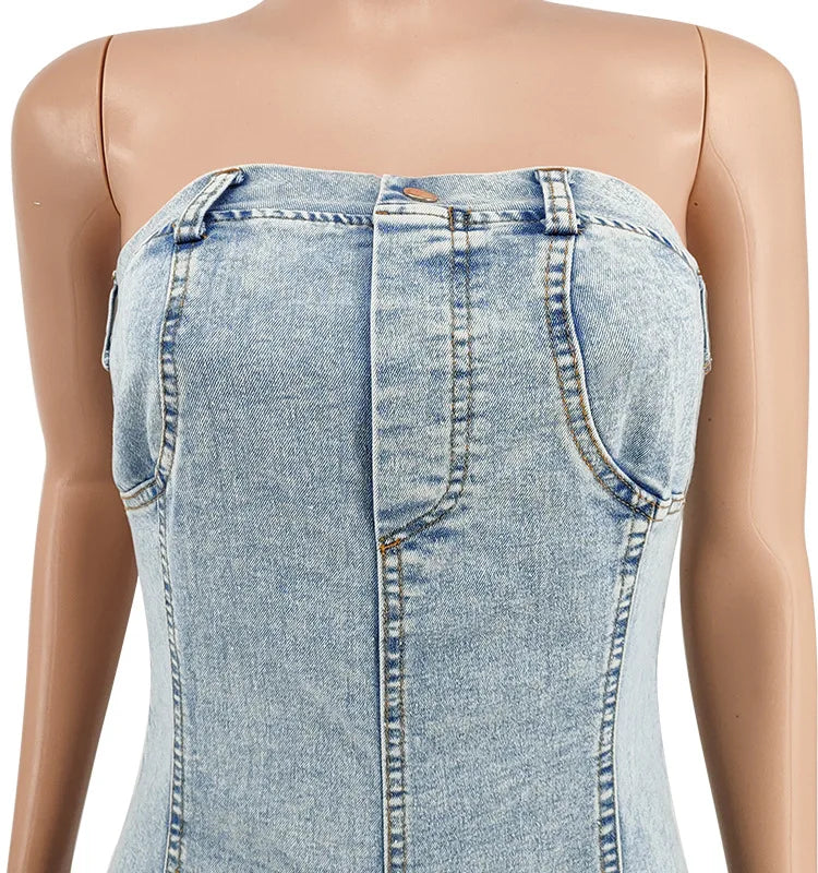 Rompers Women One Piece Elegant Splice Denim Jumpsuits Sexy Slim Fit Strapless Sleeveless Short Pants Sheath Playsuits